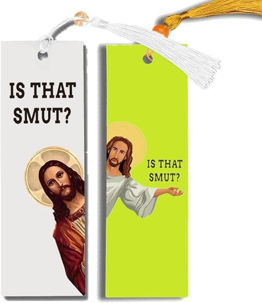2 Pack Peeking Jesus is that Smut?Bookmark Inscribed with Hilarious Text and Tassels for Book Lovers,Funny Bookmarks for Adults Humor(Yellow&White-X)