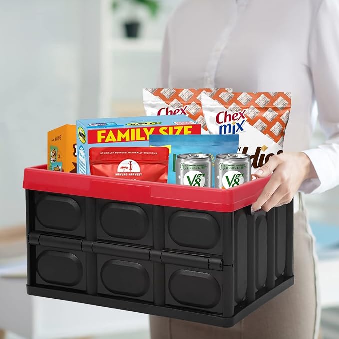 Phyllia 28L-Black Plastic Storage Crates, Pack of 2 Collapsible Plastic Crates Bins Basket, Stackable Storage Boxes Container with Lid for Car Home Office Kitchen Clothes Shoes