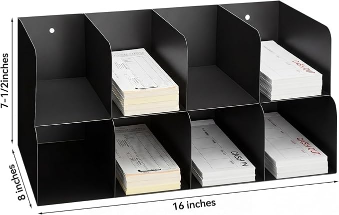 Gisafai Metal Check Sorter Organizer 8 Pocket, 2 Tier Black Iron Document Holder, 16 x 8 x 7.5 Inch, Wall Mountable, Heavy Duty Countertop Receipt Storage Rack for Bank, Office, Retail, Restaurant
