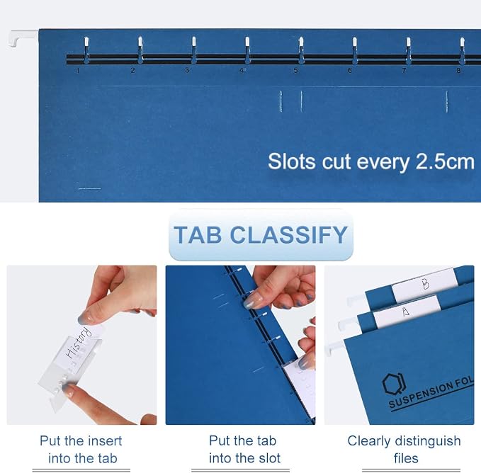 A4 Hanging File Folders, 25 Pcs Recycled Card File Folders for Filing Cabinet with Tabs and Card Inserts, Hanging Files Storage Folders for Office and School, Blue