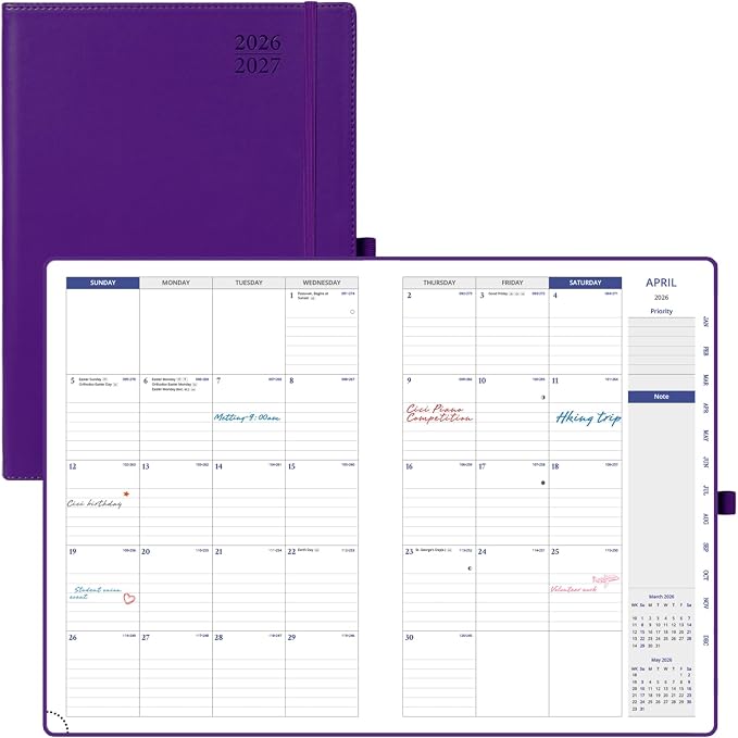 POPRUN Monthly Planner 2026-2027, 8.25" x 11.75" Large Calendar Planner, 16 Months (Apr 2026 - Jul 2027) Monthly Calendar & Appointment Book with Stair Tabs, Inner-pocket, Pen Holder, PU Leather - Purple