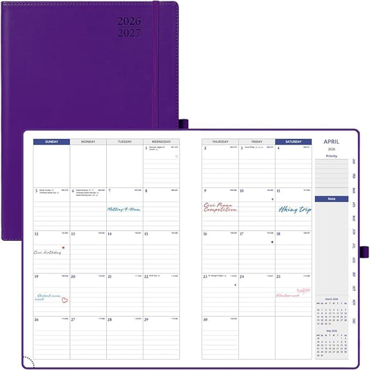 POPRUN Monthly Planner 2026-2027, 8.25" x 11.75" Large Calendar Planner, 16 Months (Apr 2026 - Jul 2027) Monthly Calendar & Appointment Book with Stair Tabs, Inner-pocket, Pen Holder, PU Leather - Purple