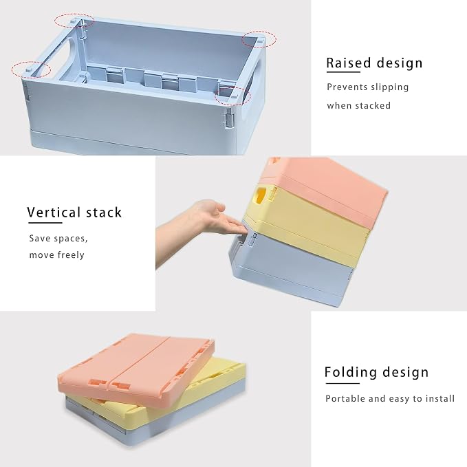 Plastic Storage Crate Folding Desk Organizer Basket Set of 4, 2 Medium+2 Small Collapsible Storage Bins Portable Organizing Crates for Office Classroom Kitchen Bedroom Bathroom Desktop Drawer, Yellow