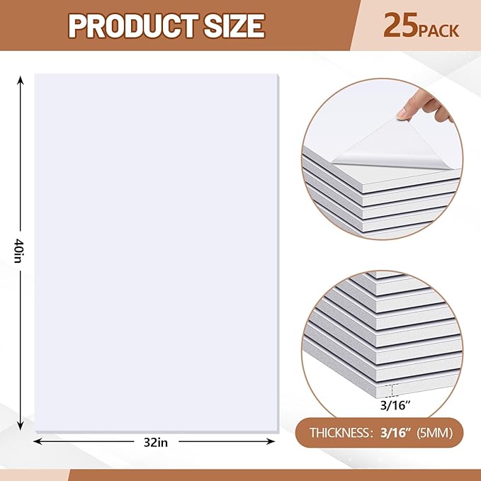 Pushglossy 25 Sheets 32 x 40 x 3/16" Self Adhesive Foam Board White Self-Adhesive Tack Foam Boards Large Free Mounting Poster for Crafts Presentation Vision Board Signboard and Party Decorations