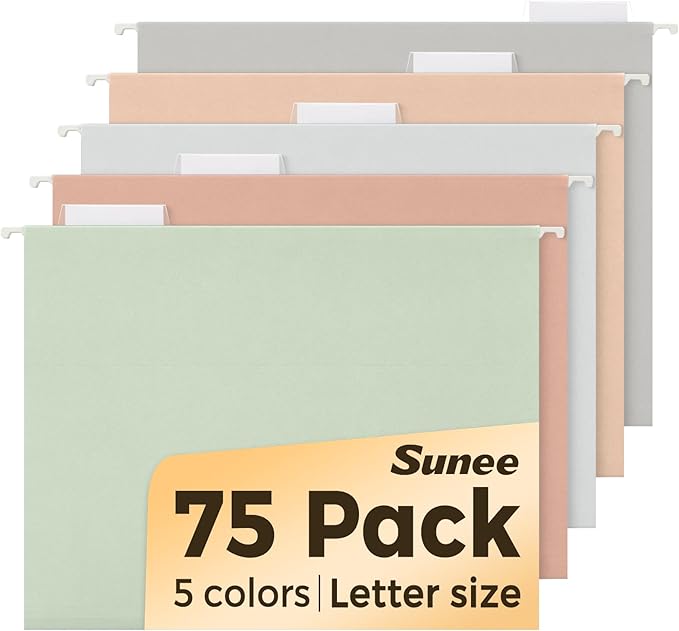 SUNEE Hanging File Folders, Pastel Colors - 75 Pack, Colored File Folders Letter Size with 1/5-Cut Tabs, Ideal for Organizing Home and Office Documents