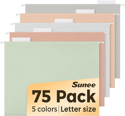SUNEE Hanging File Folders, Pastel Colors - 75 Pack, Colored File Folders Letter Size with 1/5-Cut Tabs, Ideal for Organizing Home and Office Documents