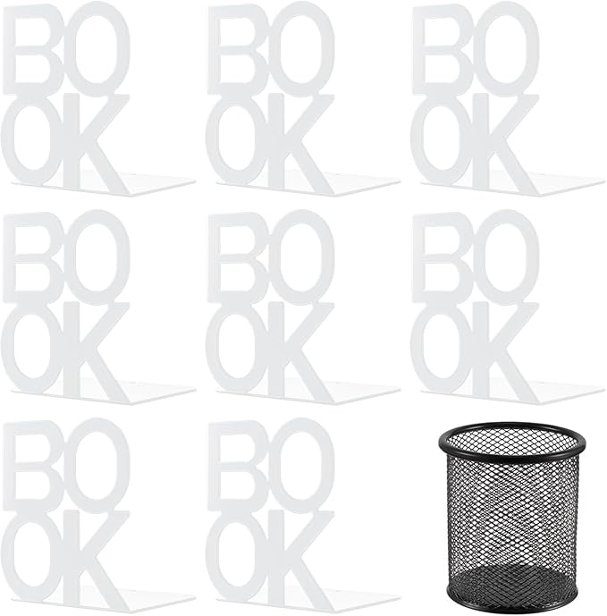 Book Ends - Decorative Metal Book Ends Supports for Bookrack Desk,Books, Unique Appearance Design,Heavy Duty (White, 4 Pair)