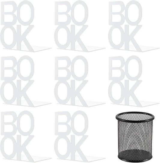 Book Ends - Decorative Metal Book Ends Supports for Bookrack Desk,Books, Unique Appearance Design,Heavy Duty (White, 4 Pair)