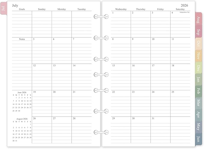 2026-2027 Monthly Planner Refill for A5 7-Ring Binders, 5.5" x 8.5" Medium Size Planner Inserts, Jul. 2026 - Dec. 2027, 18 Monthly Calendars with Colorful Laminated Tabs, 7-Hole Punched