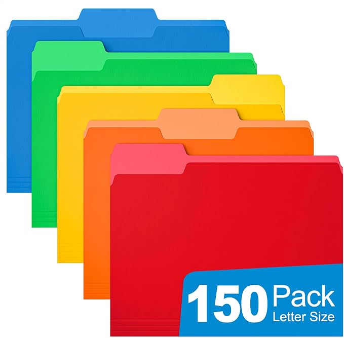 HABGP 150 Pack Manilla Folders 8.5 x 11 Inch, 1/3-Cut Tab Colored File Folders Letter Size, Paper File Folders, Manila Folders Home Office School Supplies for Documents Files, Assorted 5 Colors