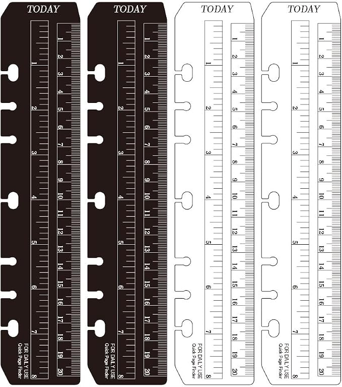 JKJF 4 Pcs Plastic Page Marker Snap-in Bookmark Ruler Binder Ruler for A5 Size 6-Hole Notebook Filler - Clear and Black
