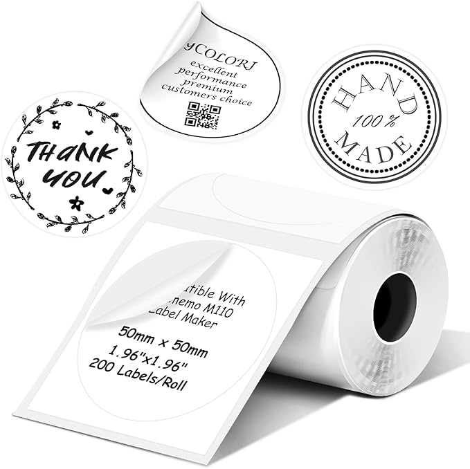 Round Circle Thermal Label Compatible with Phomemo M100/M110/M150/M221/M220/M120/M200/M250 Label Printer,1.96" x 1.96"（50x50 mm, 200 Labels/Roll, Black on White