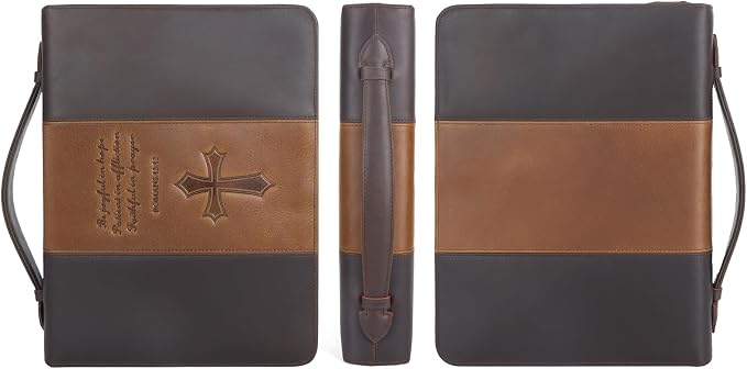 Polare Full Grain Leather Bible Case Book Protective Holder Bible Cover Church Bag Christian Religious Carrying Organizer Portfolio for Men (Dark Brown & Brown, Large)