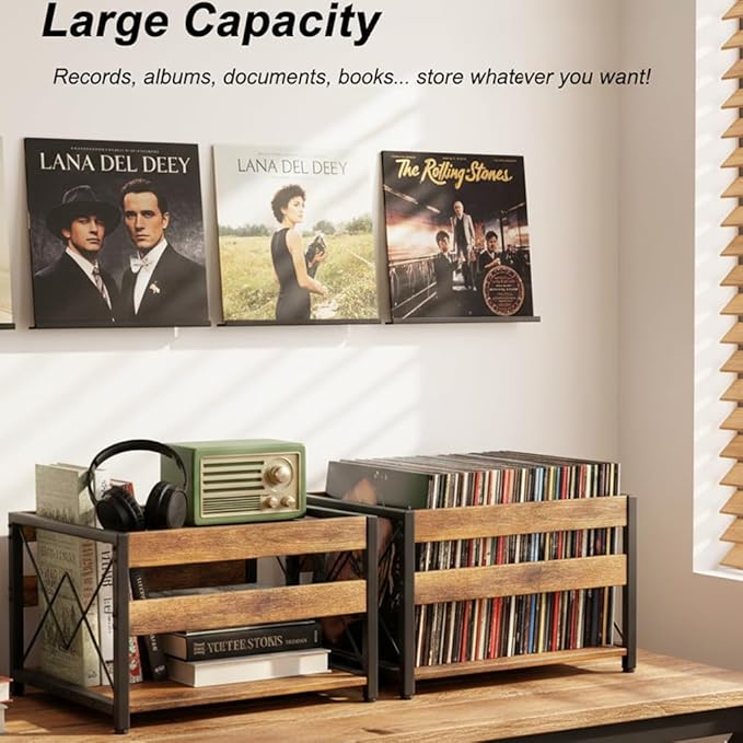 Y&M Vinyl Record Storage Crate, Wooden Storage Box, Classic Cube CD Albums Shelf Holder Organizer, Holds Up to 100+ Records, Magazine Rack for Desktop, Home, Office, Brown
