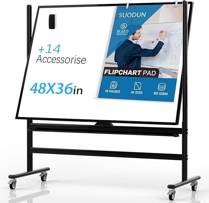 Rolling Whiteboard 48x36, Double Sided Dry Erase Board with Stand, Magnetic Mobile White Board with Wheels for Office & Classroom and Home