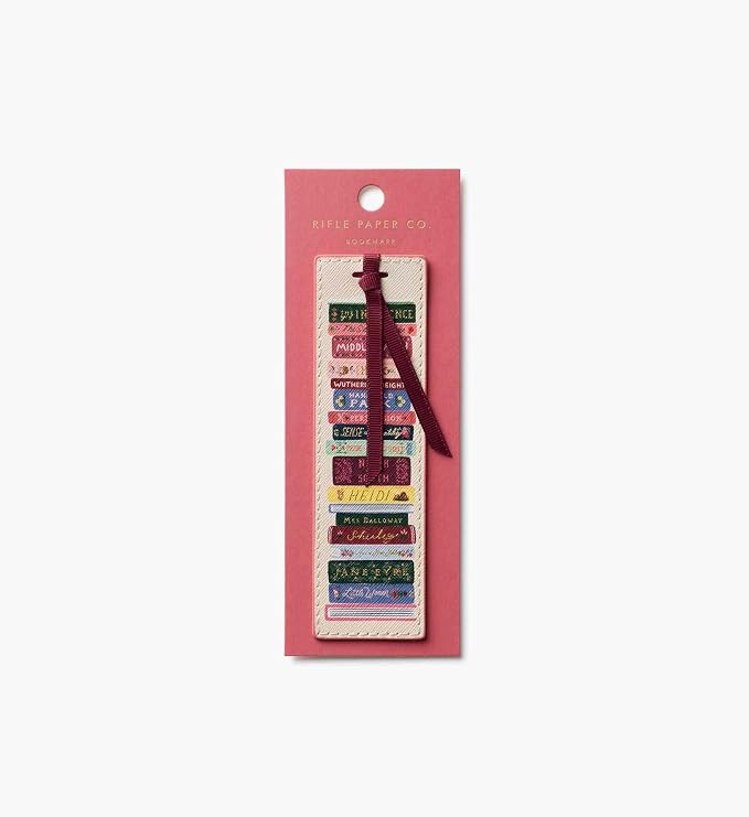 RIFLE PAPER CO. Ladies Night Book Club Bookmark, 1.75" W x 6" L, Illustrated Stack of Classic Titles, Saffiano Polyurethane, Grosgrain Ribbon, Wipe-Clean