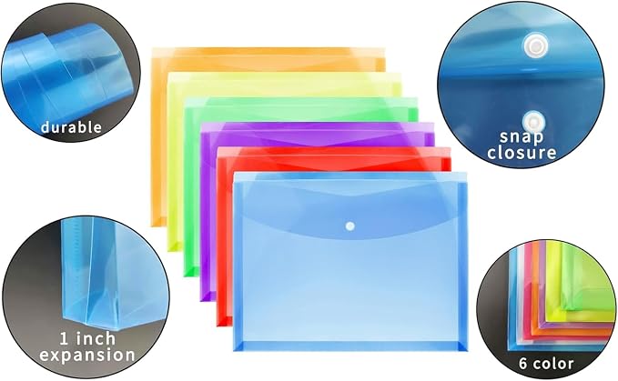 Plastic Legal Size Envelopes with Snap Closure Expandable Organizer Assorted Color Folder for Home Office 12pcs