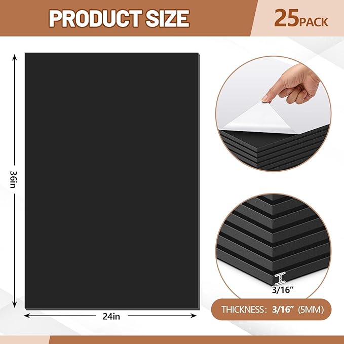 Pushglossy 25 Sheets 24 x 36 x 3/16" Self Adhesive Foam Board Black Self-Adhesive Tack Foam Boards Large Free Mounting Poster for Crafts Presentation Vision Board Signboard and Party Decorations