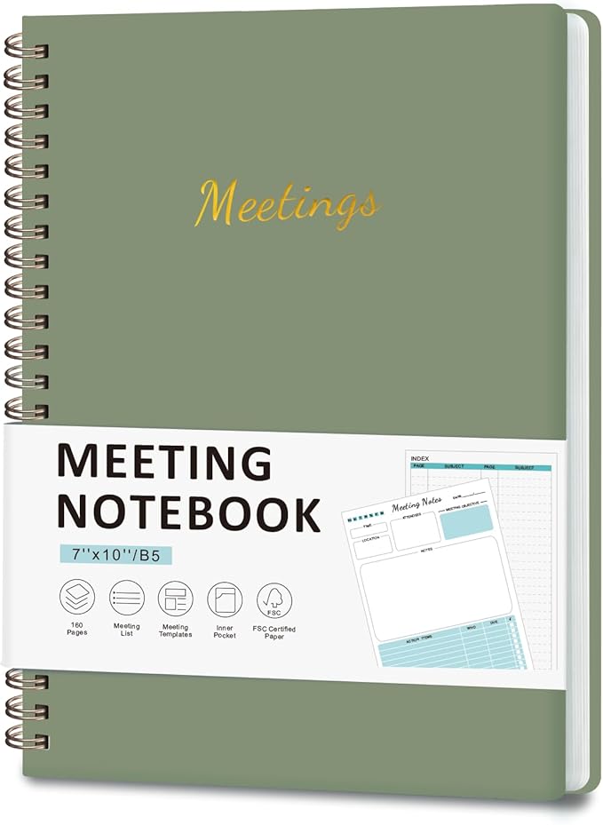 Meeting Notebook for Work Organization, Work Planner Notebook with Action Items, Project Agenda Planner for Note Taking, 160 Pages (6.9" X 9.9"), Perfect Office School Business Supplies for Women & Men(Green)