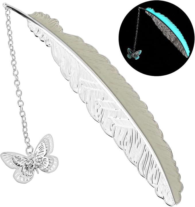 Jeffdad Feather Metal Bookmark with 3D Butterfly Pendant, Glow in The Dark Butterfly Bookmark, Fantasy Bookmark Gifts for Women Girls, Cool Bookmarks for Book Reading Lovers(Silver Butterfly)