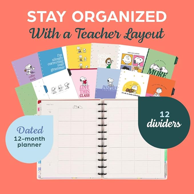Happy Planner Peanuts Disc-Bound 12-Month Academic Planner, July 2026–June 2027, 12 Dividers, Big Size, 8.5" x 11", Teacher Layout