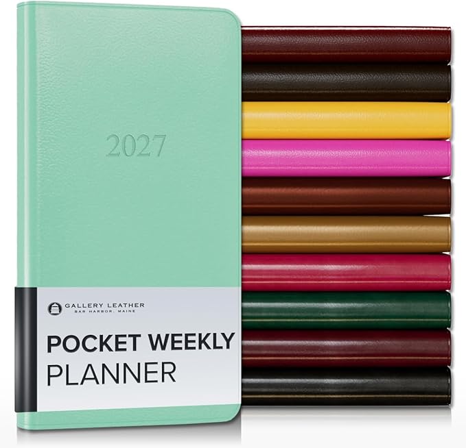 Gallery Leather Pocket Weekly Monthly Planner 2027, Elegantly Bound Calendar Planner and Notebook with Stylish Gold-Gilded Page Edges, 12 Months - Caribbean Sea Glass - 6x3.25"