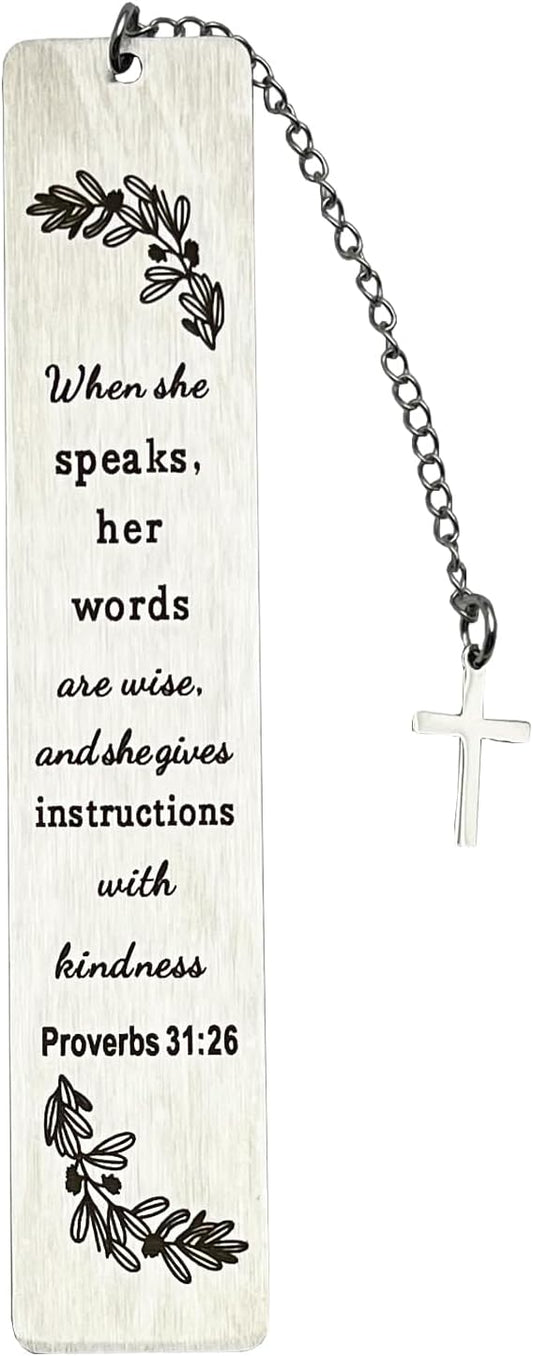 Christian Bookmark Gifts for Women Girls Boys, Inspirational Religious Book Mark Markers Faith (When she Speaks her Words), Silver