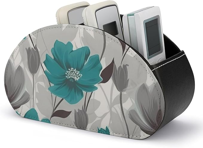 Teal Grey And White Floral Remote Control Holders Waterproof Pu Leather TV Remote Holder Desktop Storage Organizers Remote Caddy Box with 5 Compartments for TV Remotes/Media Controllers/Office Supplie