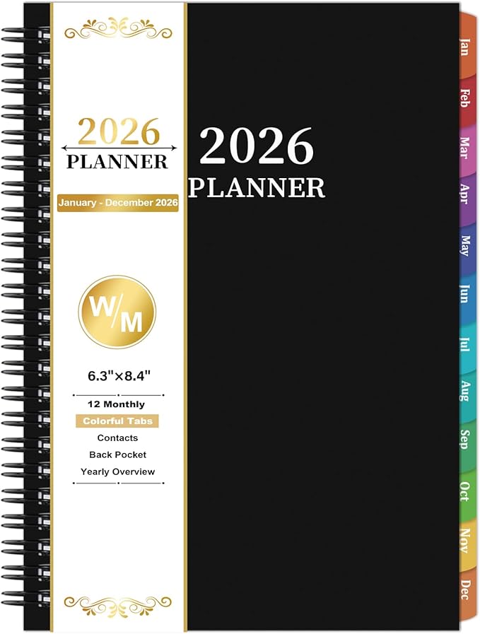 2026 Planner- Planner 2026 Weekly and Monthly, Jan.2026 - Dec.2026, 6.3"×8.4", Weekly & Monthly Planner 2026, Colorful Tabs, Twin-wire Binding, Back Pocket - Black
