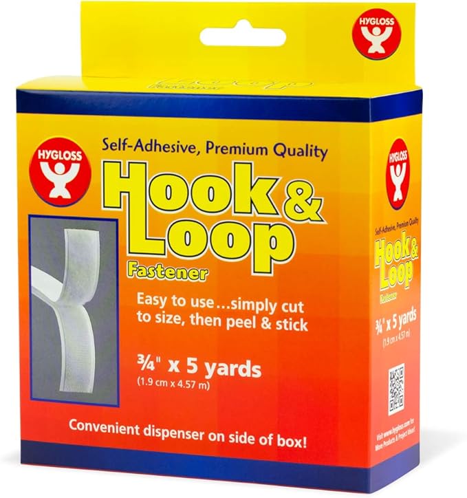 Hygloss Products Self Adhesive Strips - 15 Feet x 3/4 Inch Hook and Loop Fastener Sticky Back Tape With Dispenser, White