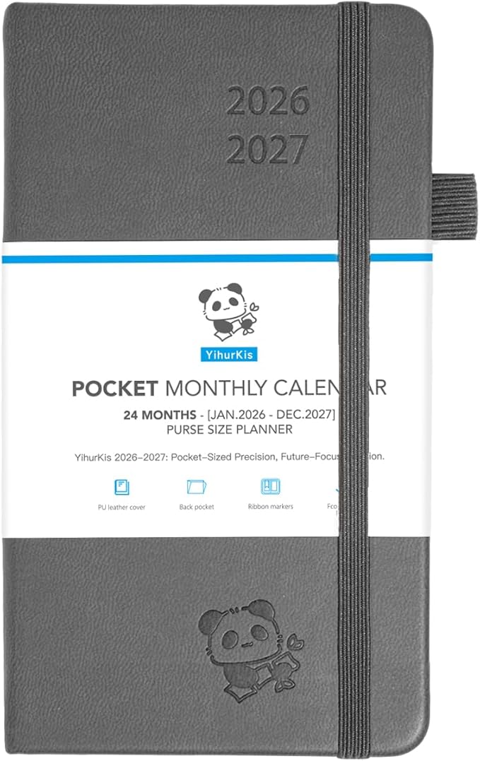 Pocket Monthly Planner 2026-2027 by YihurKis - 2 Year Pocket Monthly Calendar (Jan.2026 - Dec.2027), 4 Page Per Month with Expense Pages 3.5" x 6", Leather Hard Cover, 100GSM Thick Paper - Grey Black
