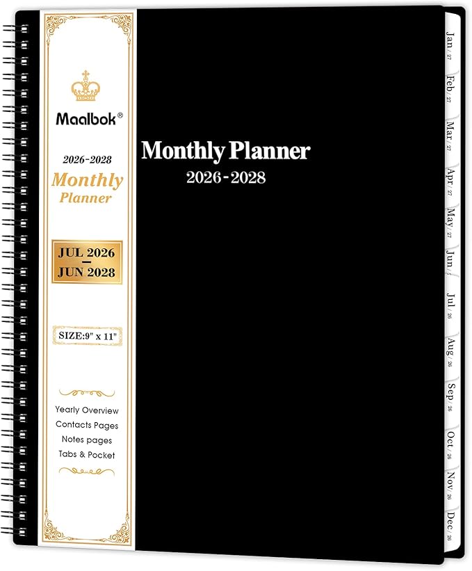 2026-2028 Monthly Planner/Calendar - July 2026 - June 2028, Monthly Calendar 2026-2028, 9" x 11", 2 Years Planner, Cardboard Cover, Black