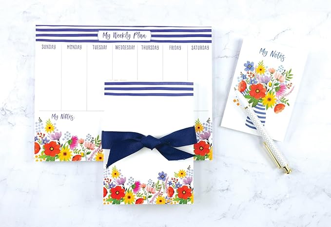 Gina B Designs-Weekly Planner Calendar Pad with Attachable Magnet- Blue Stripes & Flowers-Made in the U.S.A.