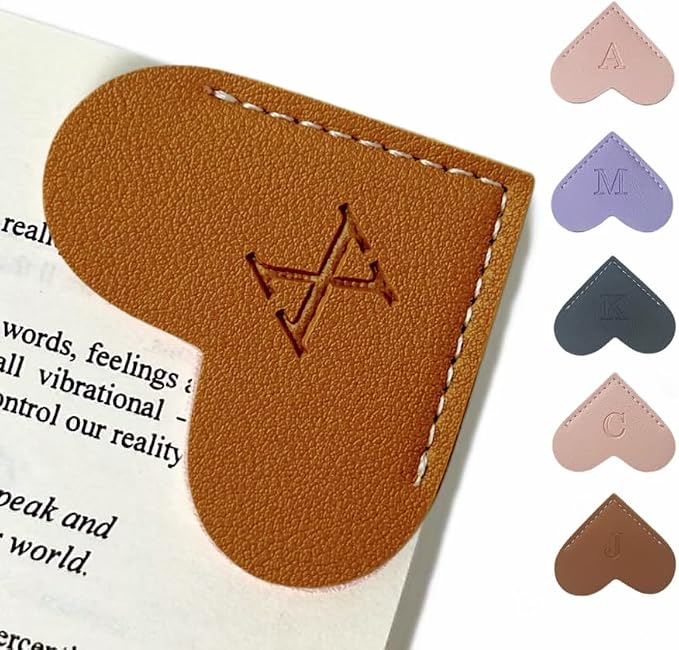 Personalized Leather Book Marks, Heart Bookmark, Unique Cute Handmade Letter Bookmarks Accessories for Reading Women, Teacher, Student, Book Lovers Book Mark Gifts (Brown, X)