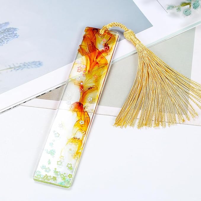 Bookmark Mold with Tassels 4Pcs Rectangle Silicone Jewelry Making Mould with 20Pcs Colorful Silky Tassels for Epoxy Resin Casting Christmas Ornaments Gift Tags Craft DIY (2.5x14cm, Rectangle)