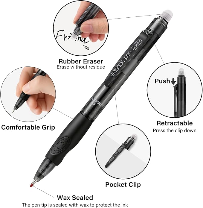 EUSOAR Erasable Pens Multicolor, 12-Pack Retractable Dry Erase Gel Pens + 12 Refills (Full Color Set), Colored Erasable Pen Fine Point (0.5mm) for Writing Note Taking Color-coding Supplies