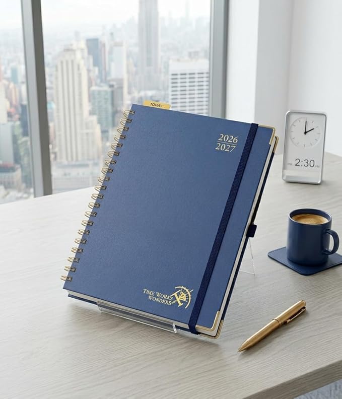 POPRUN 2026-2027 Academic Year Weekly and Monthly Planner Calendar,Jul 2026 - Jun 2027，10" x 8"， Daily Agenda Book & Appointment Book with Hourly Schedule, Tabs, Hardcover, School and Office Supplies - Navy Blue