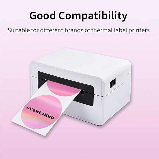 Thermal Label Printer Stickers, 3 Inch Round Holographic Thermal Label Sticker, Circle Holographic Direct Printer Stickers, Perforation Line Design/Pink Gradient