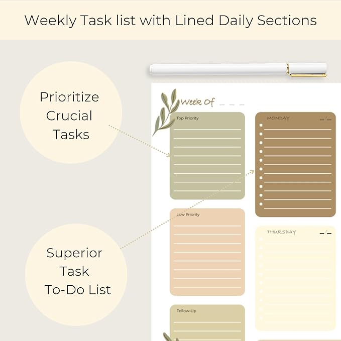 BLU MONACO | Earth Tones Weekly To-Do Notepad | 52-Sheet Tear-Off Weekly Planner with Goals & Priorities | Natural Desk Organizer with Calendar Layout