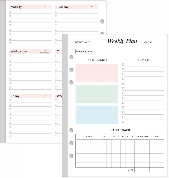Weekly Planner Refills for A5 Binders - 53 Sheets/106 Pages Undated Colorful Weekly Planner, 6-Hole Punched, 100 gsm White Paper, Lasts 1 Year, Undated, 5.8" x 8.3"