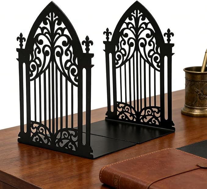 Book Ends, Bookends, Book Ends for Shelves, 2Pair Non Skid Metal Book Divider Decorative Holder, Abstract Art Desgin Book Stopper Supports for Office, Home (Gothic Gate B)