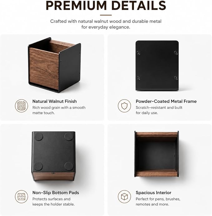Walnut Desk Organizer, Minimalist Pencil Holder with Metal Frame, Multi-Purpose Storage for Pens, Makeup Brushes & Remote Controls, Modern Office Desk Accessory (1 Slot)
