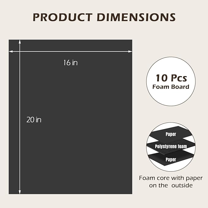Golden State Art, Pack of 10, 3/16" Thick, 16x20 Black Foam Boards (16x20, Black)