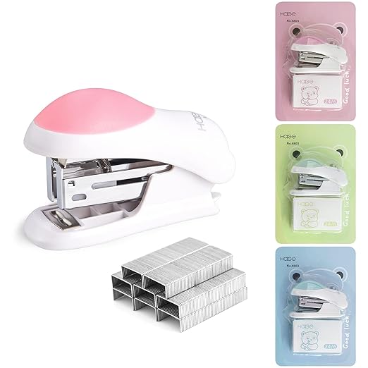 NEBURORA Pink Single Hole Puncher Metal with Soft-Handled Bundle Pink Mini Effortless Desktop Staplers with 400 Standard Staples