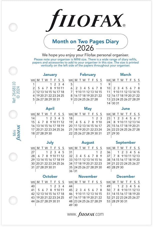 Filofax Calendar Diary Refill, Mini Size, Month-to-View, White Paper, English, 2026 (C68110-26)