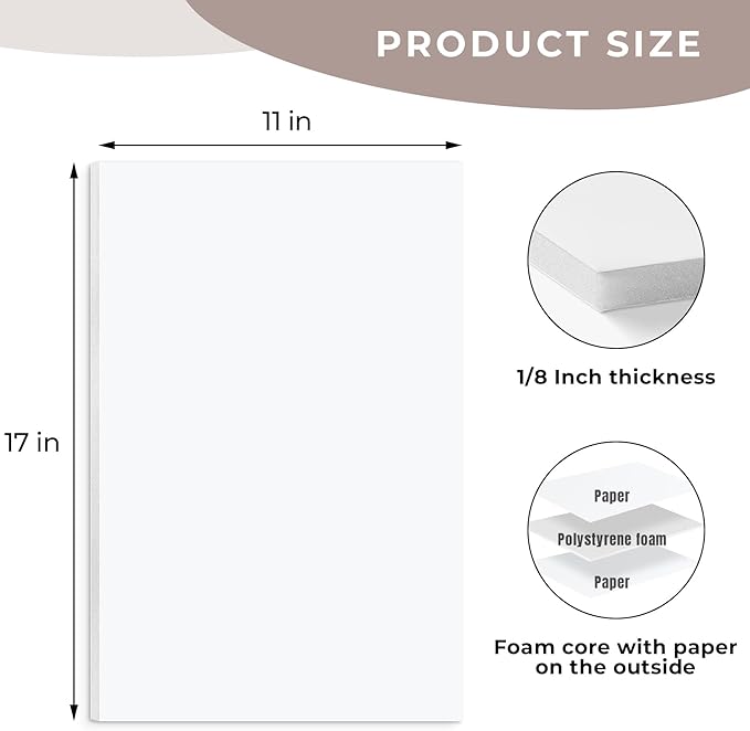 AUEAR, 12 Pack 11x17 White Foam Boards 1/8" Thickness Foam Core Boards for Presentation Board for School Crafts Office Art Projects Display, Mounting, Print