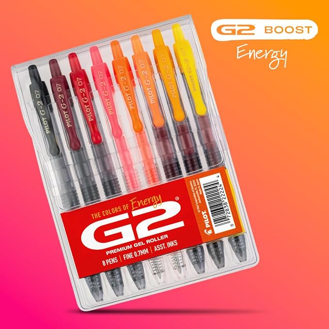 Pilot, G2 Premium Gel Roller Pens, G2 Boost Red/Orange Pack, The Colors of Energy, 8 Pack Pouch, Fine Point 0.7 mm, Assorted