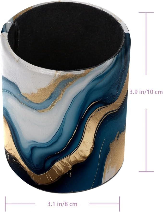 Blue Gold Marble Pen Holder Pencil Organizer Cute Pencil Cup Desk Decor Makeup Brush Holder PU Multifunctional Office Supplies for Home Classroom School