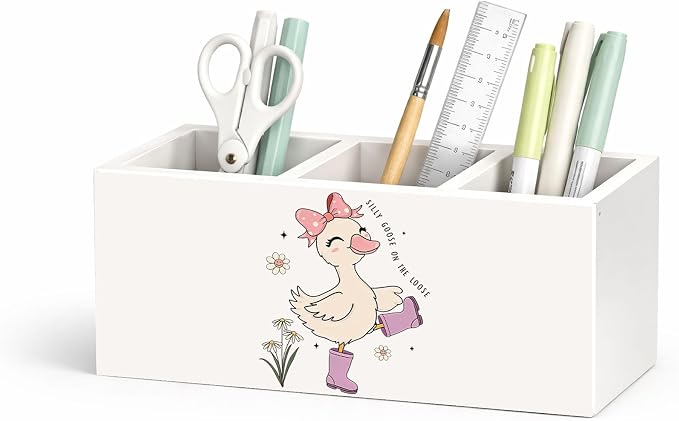 Silly Pink Goose Wooden Desk Organizer, Cute Goose Design Pen Pencil Holder with 3 Compartments, Decorative Office Supply Storage Box for Desk, Home, Office, Gift for Girls