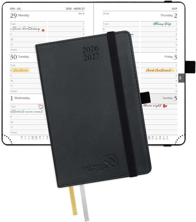 POPRUN Pocket Planner 2026-2027, Purse Size-4" x 6.25", Pocket Calendar (July 2026-June 2027) for Purse, Academic Small Weekly Planner with Hourly Slots, Leather Soft Cover, 100GSM - Black